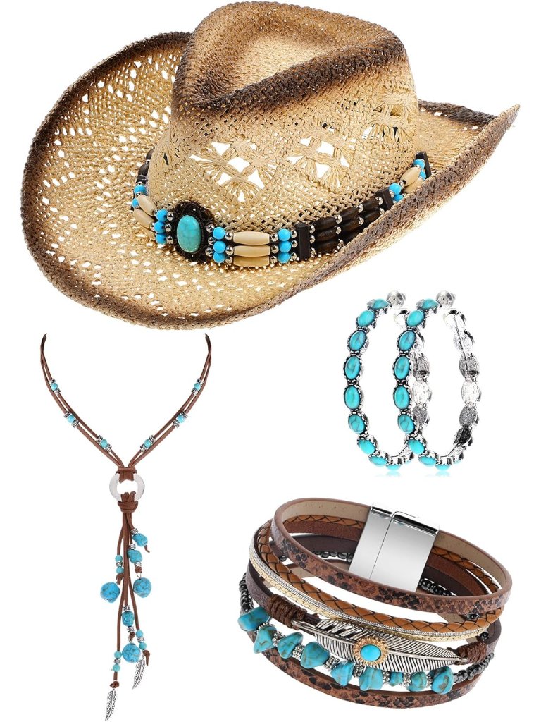 4 Pcs Boho Jewelry Set Straw Cowboy Hat With Vintage Synthetic Turquoise Necklac